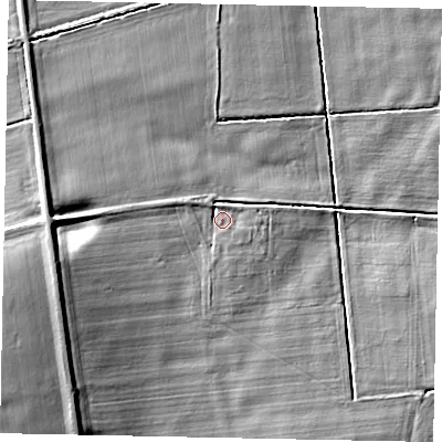 Shaded relief map of the ground around DN159QZ, computed from Environment Agency LiDAR. The ground here sits at about 4 m above sea level and falls 13 m across the surrounding 800 m. Surface water reaching this point runs off ground lying to the west-south-west, 9.0 m higher.
