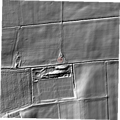 Shaded relief map of the ground around DN159RA, computed from Environment Agency LiDAR. The ground here sits at about 2 m above sea level and falls 7 m across the surrounding 800 m. Surface water reaching this point runs off ground lying to the north-north-east, 1.7 m higher.