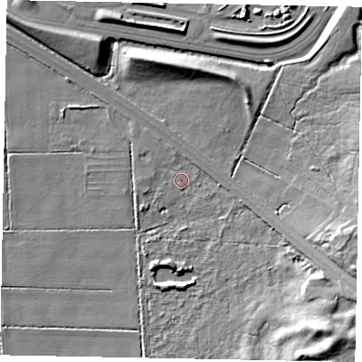 Shaded relief map of the ground around DN163RJ, computed from Environment Agency LiDAR. The ground here sits at about 16 m above sea level and falls 19 m across the surrounding 800 m. Surface water reaching this point runs off ground lying to the east, 2.5 m higher.
