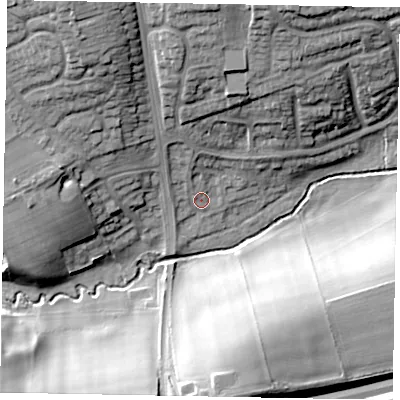 Shaded relief map of the ground around DN163TD, computed from Environment Agency LiDAR. The ground here sits at about 11 m above sea level and falls 24 m across the surrounding 800 m. Surface water reaching this point runs off ground lying to the north-north-west, 6.3 m higher.