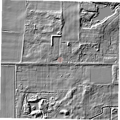 Shaded relief map of the ground around DN172AA, computed from Environment Agency LiDAR. The ground here sits at about 4 m above sea level and falls 7 m across the surrounding 800 m. Surface water reaching this point runs off ground lying to the north-north-east, 3.8 m higher.