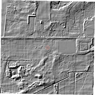 Shaded relief map of the ground around DN172AB, computed from Environment Agency LiDAR. The ground here sits at about 4 m above sea level and falls 7 m across the surrounding 800 m. The ground contributing surface water to this point lies to the south-south-west.