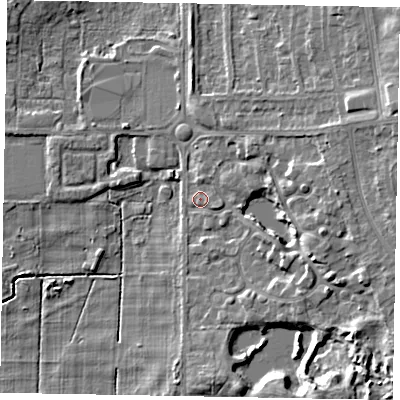 Shaded relief map of the ground around DN172AF, computed from Environment Agency LiDAR. The ground here sits at about 4 m above sea level and falls 10 m across the surrounding 800 m. Surface water reaching this point runs off ground lying to the east-south-east, 6.3 m higher.