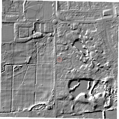 Shaded relief map of the ground around DN172AH, computed from Environment Agency LiDAR. The ground here sits at about 4 m above sea level and falls 10 m across the surrounding 800 m. Surface water reaching this point runs off ground lying to the east, 4.6 m higher.