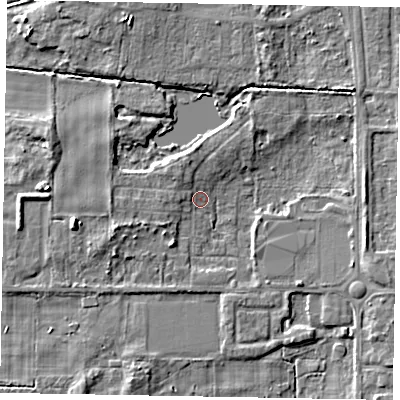 Shaded relief map of the ground around DN172AN, computed from Environment Agency LiDAR. The ground here sits at about 3 m above sea level and falls 6 m across the surrounding 800 m. Surface water reaching this point runs off ground lying to the west, 5.3 m higher.