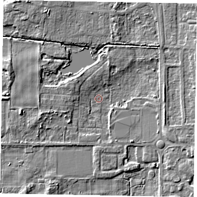 Shaded relief map of the ground around DN172AS, computed from Environment Agency LiDAR. The ground here sits at about 2 m above sea level and falls 6 m across the surrounding 800 m. Surface water reaching this point runs off ground lying to the west, 5.3 m higher.