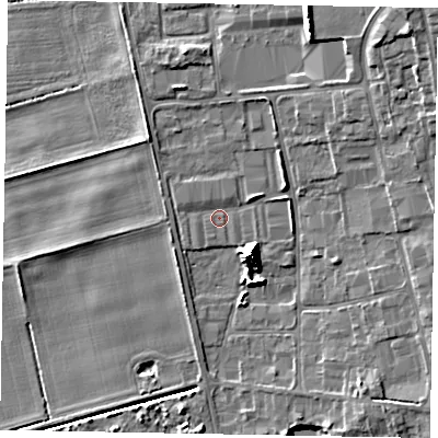 Shaded relief map of the ground around DN172AU, computed from Environment Agency LiDAR. The ground here sits at about 4 m above sea level and falls 12 m across the surrounding 800 m. Surface water reaching this point runs off ground lying to the south-east, 9.4 m higher.