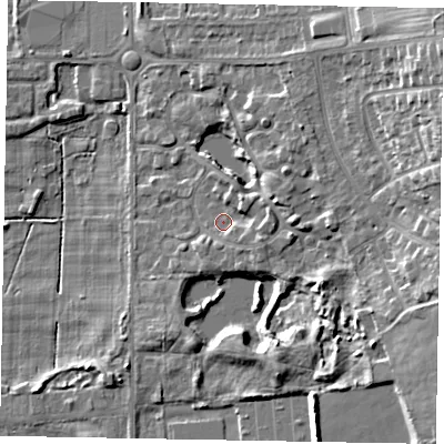 Shaded relief map of the ground around DN172XA, computed from Environment Agency LiDAR. The ground here sits at about 5 m above sea level and falls 15 m across the surrounding 800 m. Surface water reaching this point runs off ground lying to the east-north-east, 3.5 m higher.