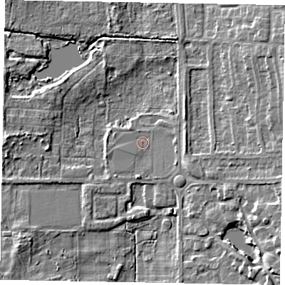 Shaded relief map of the ground around DN172XF, computed from Environment Agency LiDAR. The ground here sits at about 3 m above sea level and falls 8 m across the surrounding 800 m. Surface water reaching this point runs off ground lying to the east-north-east, 2.1 m higher.