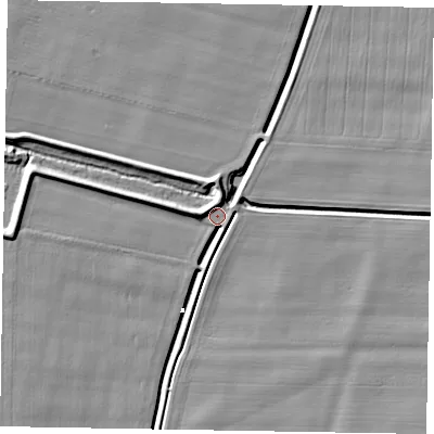 Shaded relief map of the ground around DN173AA, computed from Environment Agency LiDAR. The ground here sits at about 1 m above sea level and falls 6 m across the surrounding 800 m. Surface water reaching this point runs off ground lying to the north, 5.6 m higher.
