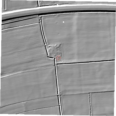 Shaded relief map of the ground around DN173AB, computed from Environment Agency LiDAR. The ground here sits at about 1 m above sea level and falls 9 m across the surrounding 800 m. Surface water reaching this point runs off ground lying to the east, 2.2 m higher.