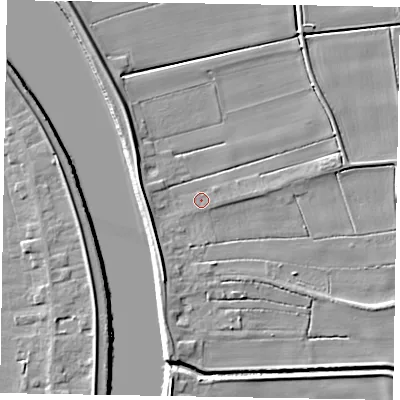 Shaded relief map of the ground around DN173AD, computed from Environment Agency LiDAR. The ground here sits at about 3 m above sea level and falls 8 m across the surrounding 800 m. Surface water reaching this point runs off ground lying to the west, 4.0 m higher.