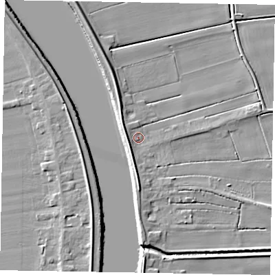 Shaded relief map of the ground around DN173AE, computed from Environment Agency LiDAR. The ground here sits at about 3 m above sea level and falls 8 m across the surrounding 800 m. Surface water reaching this point runs off ground lying to the south-west, 3.8 m higher.