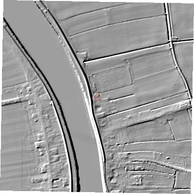Shaded relief map of the ground around DN173AF, computed from Environment Agency LiDAR. The ground here sits at about 3 m above sea level and falls 8 m across the surrounding 800 m. Surface water reaching this point runs off ground lying to the west-south-west, 3.9 m higher.