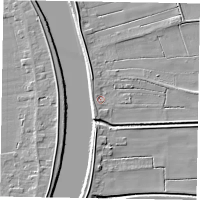 Shaded relief map of the ground around DN173AG, computed from Environment Agency LiDAR. The ground here sits at about 4 m above sea level and falls 7 m across the surrounding 800 m. Surface water reaching this point runs off ground lying to the north-west, 2.2 m higher.