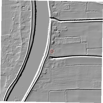 Shaded relief map of the ground around DN173AH, computed from Environment Agency LiDAR. The ground here sits at about 4 m above sea level and falls 7 m across the surrounding 800 m. Surface water reaching this point runs off ground lying to the south-west, 2.5 m higher.