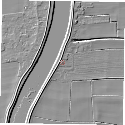 Shaded relief map of the ground around DN173AJ, computed from Environment Agency LiDAR. The ground here sits at about 5 m above sea level and falls 7 m across the surrounding 800 m. Surface water reaching this point runs off ground lying to the north-west, 2.4 m higher.