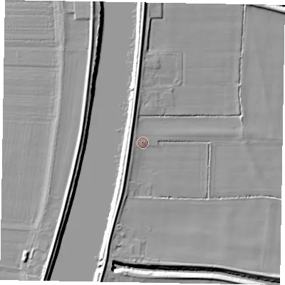 Shaded relief map of the ground around DN173AN, computed from Environment Agency LiDAR. The ground here sits at about 4 m above sea level and falls 8 m across the surrounding 800 m. Surface water reaching this point runs off ground lying to the west-north-west, 1.1 m higher.