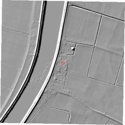 Shaded relief map of the ground around DN173AP, computed from Environment Agency LiDAR. The ground here sits at about 4 m above sea level and falls 7 m across the surrounding 800 m. Surface water reaching this point runs off ground lying to the west-south-west, 2.4 m higher.