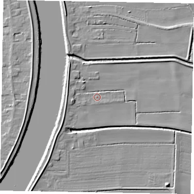 Shaded relief map of the ground around DN173AQ, computed from Environment Agency LiDAR. The ground here sits at about 2 m above sea level and falls 7 m across the surrounding 800 m. Surface water reaching this point runs off ground lying to the west, 5.3 m higher.