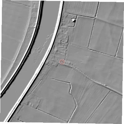 Shaded relief map of the ground around DN173AR, computed from Environment Agency LiDAR. The ground here sits at about 4 m above sea level and falls 7 m across the surrounding 800 m. Surface water reaching this point runs off ground lying to the west-north-west, 2.9 m higher.