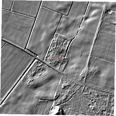 Shaded relief map of the ground around DN173AT, computed from Environment Agency LiDAR. The ground here sits at about 4 m above sea level and falls 10 m across the surrounding 800 m. Surface water reaching this point runs off ground lying to the north-north-west, 1.3 m higher.