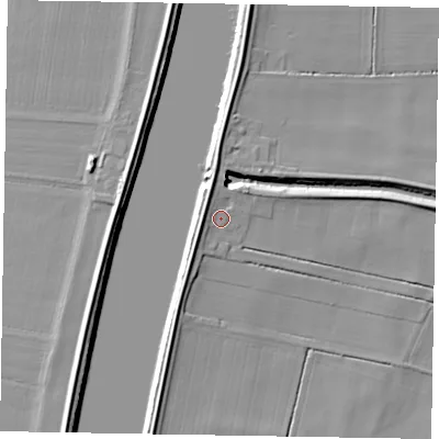 Shaded relief map of the ground around DN173AW, computed from Environment Agency LiDAR. The ground here sits at about 4 m above sea level and falls 6 m across the surrounding 800 m. Surface water reaching this point runs off ground lying to the west-north-west, 2.7 m higher.
