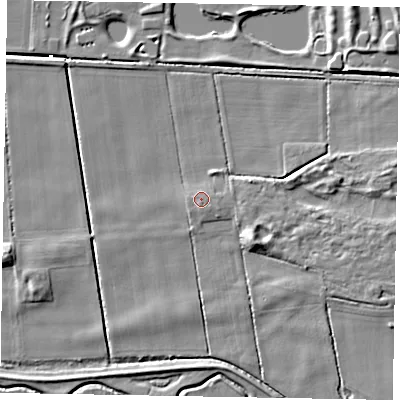 Shaded relief map of the ground around DN173AX, computed from Environment Agency LiDAR. The ground here sits at about 4 m above sea level and falls 8 m across the surrounding 800 m. Surface water reaching this point runs off ground lying to the south-east, 0.7 m higher.