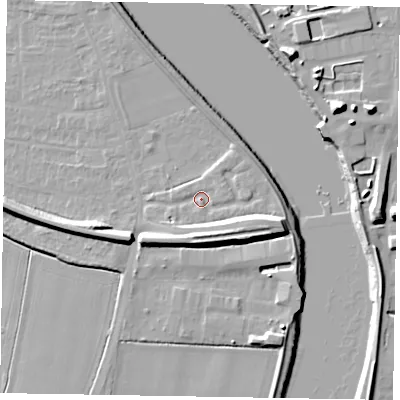 Shaded relief map of the ground around DN173BD, computed from Environment Agency LiDAR. The ground here sits at about 5 m above sea level and falls 13 m across the surrounding 800 m. Surface water reaching this point runs off ground lying to the east-south-east, 6.3 m higher.