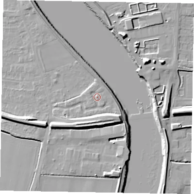 Shaded relief map of the ground around DN173BE, computed from Environment Agency LiDAR. The ground here sits at about 6 m above sea level and falls 13 m across the surrounding 800 m. Surface water reaching this point runs off ground lying to the east, 1.7 m higher.