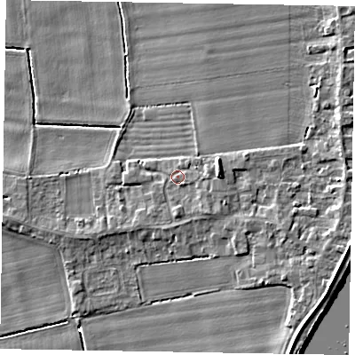 Shaded relief map of the ground around DN173BF, computed from Environment Agency LiDAR. The ground here sits at about 3 m above sea level and falls 7 m across the surrounding 800 m. Surface water reaching this point runs off ground lying to the south-east, 1.6 m higher.
