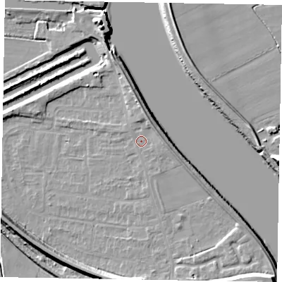 Shaded relief map of the ground around DN173BN, computed from Environment Agency LiDAR. The ground here sits at about 4 m above sea level and falls 13 m across the surrounding 800 m. Surface water reaching this point runs off ground lying to the north-north-east, 3.0 m higher.