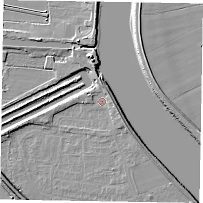 Shaded relief map of the ground around DN173BP, computed from Environment Agency LiDAR. The ground here sits at about 3 m above sea level and falls 10 m across the surrounding 800 m. Surface water reaching this point runs off ground lying to the east-south-east, 3.7 m higher.