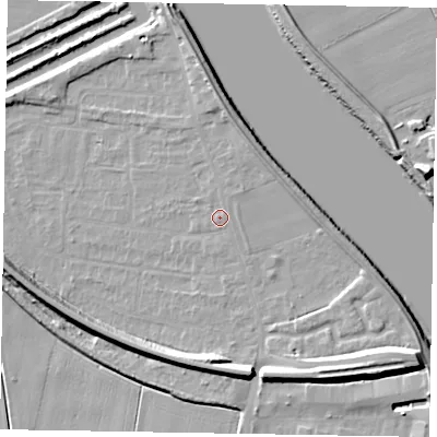 Shaded relief map of the ground around DN173BS, computed from Environment Agency LiDAR. The ground here sits at about 4 m above sea level and falls 13 m across the surrounding 800 m. Surface water reaching this point runs off ground lying to the west-north-west, 0.8 m higher.