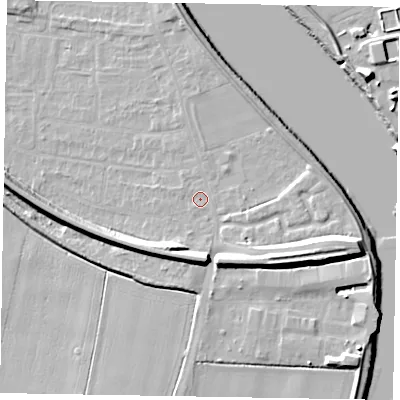 Shaded relief map of the ground around DN173BT, computed from Environment Agency LiDAR. The ground here sits at about 3 m above sea level and falls 13 m across the surrounding 800 m. Surface water reaching this point runs off ground lying to the north-north-east, 3.1 m higher.