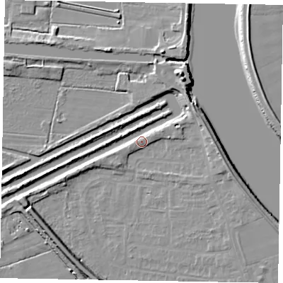Shaded relief map of the ground around DN173BU, computed from Environment Agency LiDAR. The ground here sits at about 3 m above sea level and falls 10 m across the surrounding 800 m. Surface water reaching this point runs off ground lying to the north-east, 5.7 m higher.