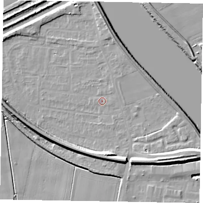 Shaded relief map of the ground around DN173BY, computed from Environment Agency LiDAR. The ground here sits at about 3 m above sea level and falls 13 m across the surrounding 800 m. Surface water reaching this point runs off ground lying to the north-east, 1.4 m higher.