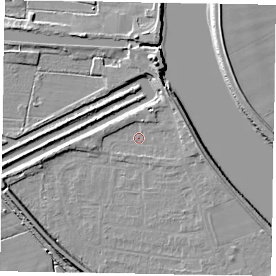 Shaded relief map of the ground around DN173BZ, computed from Environment Agency LiDAR. The ground here sits at about 2 m above sea level and falls 10 m across the surrounding 800 m. Surface water reaching this point runs off ground lying to the east-north-east, 4.6 m higher.