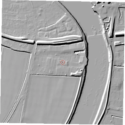 Shaded relief map of the ground around DN173DA, computed from Environment Agency LiDAR. The ground here sits at about 5 m above sea level and falls 13 m across the surrounding 800 m. Surface water reaching this point runs off ground lying to the east-south-east, 6.5 m higher.