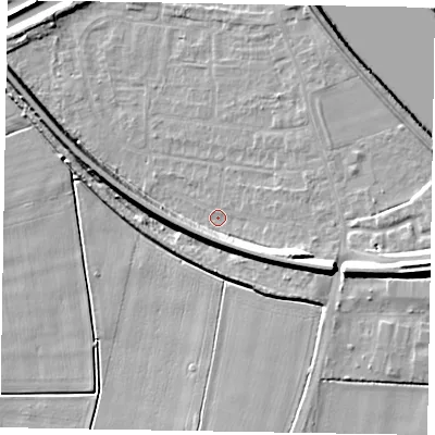 Shaded relief map of the ground around DN173DB, computed from Environment Agency LiDAR. The ground here sits at about 2 m above sea level and falls 13 m across the surrounding 800 m. Surface water reaching this point runs off ground lying to the east-south-east, 9.7 m higher.