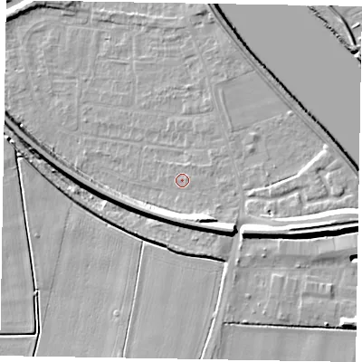 Shaded relief map of the ground around DN173DD, computed from Environment Agency LiDAR. The ground here sits at about 3 m above sea level and falls 13 m across the surrounding 800 m. Surface water reaching this point runs off ground lying to the east-south-east, 8.9 m higher.