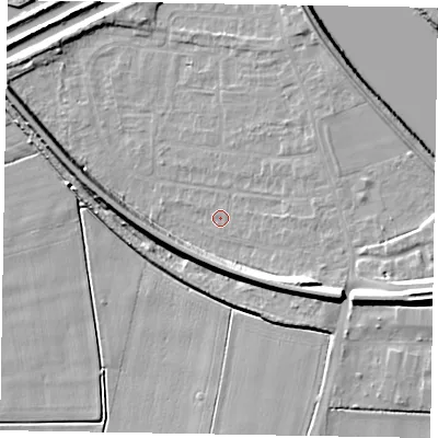 Shaded relief map of the ground around DN173DE, computed from Environment Agency LiDAR. The ground here sits at about 2 m above sea level and falls 13 m across the surrounding 800 m. Surface water reaching this point runs off ground lying to the east-south-east, 9.8 m higher.