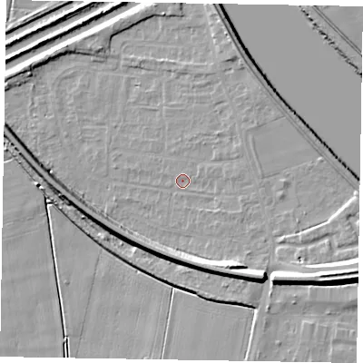 Shaded relief map of the ground around DN173DF, computed from Environment Agency LiDAR. The ground here sits at about 2 m above sea level and falls 12 m across the surrounding 800 m. Surface water reaching this point runs off ground lying to the east-north-east, 2.0 m higher.