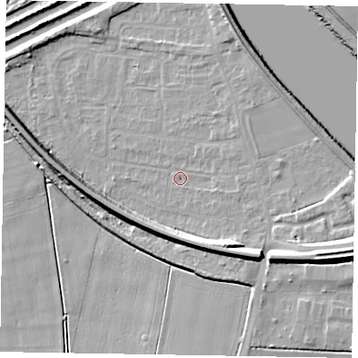 Shaded relief map of the ground around DN173DG, computed from Environment Agency LiDAR. The ground here sits at about 2 m above sea level and falls 12 m across the surrounding 800 m. Surface water reaching this point runs off ground lying to the east-north-east, 2.0 m higher.
