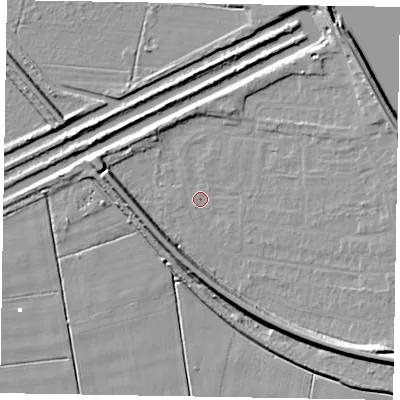 Shaded relief map of the ground around DN173DH, computed from Environment Agency LiDAR. The ground here sits at about 1 m above sea level and falls 11 m across the surrounding 800 m. Surface water reaching this point runs off ground lying to the south-east, 9.3 m higher.