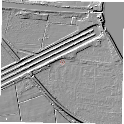 Shaded relief map of the ground around DN173DJ, computed from Environment Agency LiDAR. The ground here sits at about 1 m above sea level and falls 11 m across the surrounding 800 m. Surface water reaching this point runs off ground lying to the south-south-east, 8.3 m higher.