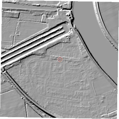 Shaded relief map of the ground around DN173DL, computed from Environment Agency LiDAR. The ground here sits at about 2 m above sea level and falls 10 m across the surrounding 800 m. Surface water reaching this point runs off ground lying to the east, 1.8 m higher.