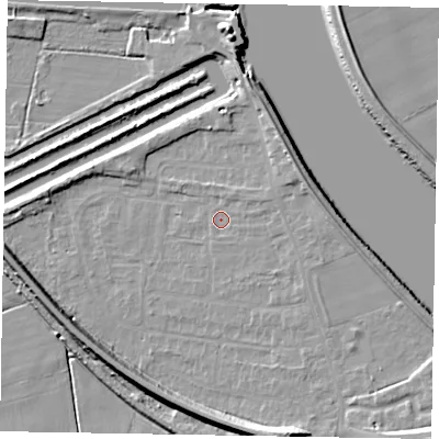 Shaded relief map of the ground around DN173DN, computed from Environment Agency LiDAR. The ground here sits at about 2 m above sea level and falls 11 m across the surrounding 800 m. Surface water reaching this point runs off ground lying to the east-north-east, 4.3 m higher.