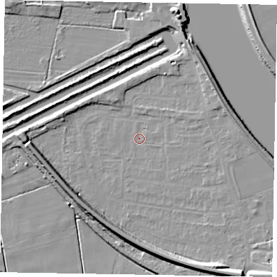 Shaded relief map of the ground around DN173DP, computed from Environment Agency LiDAR. The ground here sits at about 1 m above sea level and falls 11 m across the surrounding 800 m. Surface water reaching this point runs off ground lying to the south-east, 9.6 m higher.