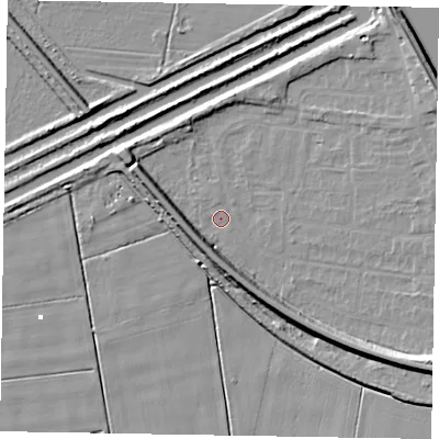 Shaded relief map of the ground around DN173DQ, computed from Environment Agency LiDAR. The ground here sits at about 1 m above sea level and falls 11 m across the surrounding 800 m. Surface water reaching this point runs off ground lying to the south-east, 9.0 m higher.